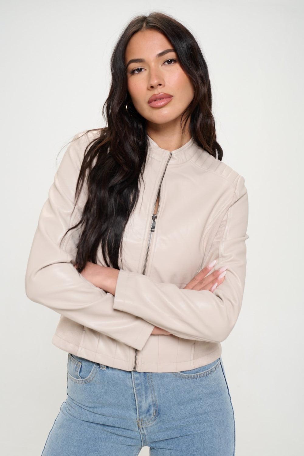 Coalition LA Moto Jacket Zip Up Vegan Leather Long Sleeve Cream 4f9f497c-e2b2-45e0-b18f-c4369174cbd1-Max Trendsi
