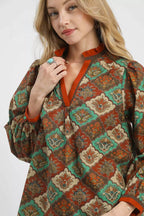 Umgee Women's Top Teal Mix Green Abstract Print Ruffle Neck Blouse 4fa4b46d-12d7-4bcc-88ae-26d603cd0152-Max-Origin Trendsi