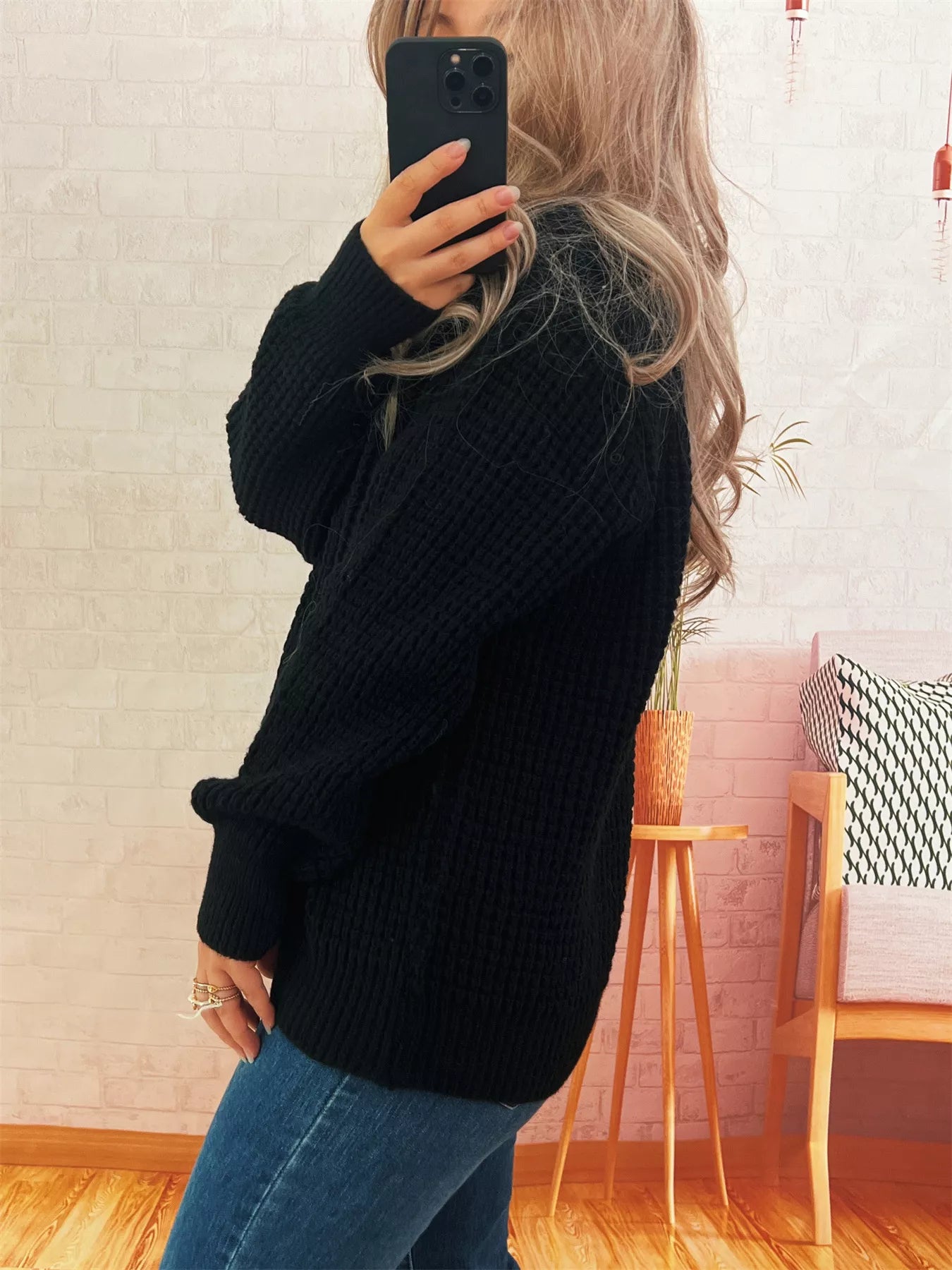 Women's Sweater V-Neck Textured Knit Loose Pullover 4fa69d0a31604c6da42f4fdef68c3517-Max-Origin Trendsi