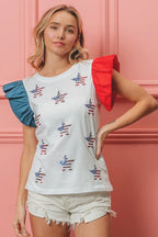 BiBi American Flag T-shirt Women's Sequin Stars Cotton Top 4faf0142947647909914b2f093d8c444-Max-Origin Trendsi