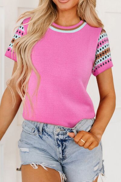 Women Knit Top Fuchsia Pink Contrast Check Short Sleeve Round Neck Fuchsia Pink 4fb5a317-efd0-4b30-bd2b-0753fe3e52b5-Min Trendsi
