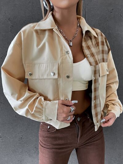 Plaid Wome's Jacket Cropped Color Block Beige Snap Down Flap Pockets Long Sleeve 4fb90701-f588-4c01-8de7-2010d8ba1aba-Min Trendsi