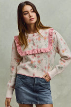 SO ME Womens Sweater Cardigan Beige Pink Flower With Ruffle Detailing 4fc53ed55b9f4d6084bece510c5649a7-Max-Origin Trendsi