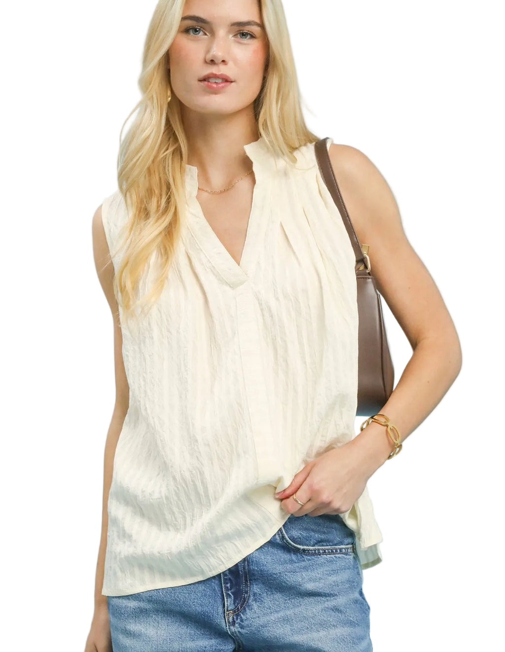 Umgee Sleeveless Textured Split Neck Top
