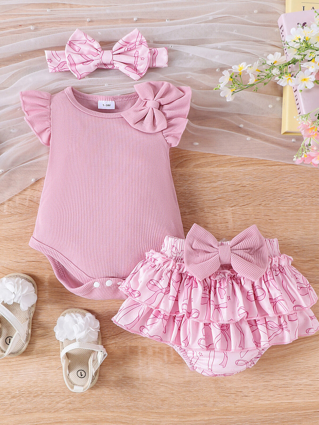 Children's Bowknot Ruffle Trim Bodysuit, Skort, and Headband Three-Piece Set