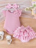 Children's Bowknot Ruffle Trim Bodysuit, Skort, and Headband Three-Piece Set