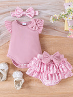 Children's Bowknot Ruffle Trim Bodysuit, Skort, and Headband Three-Piece Set