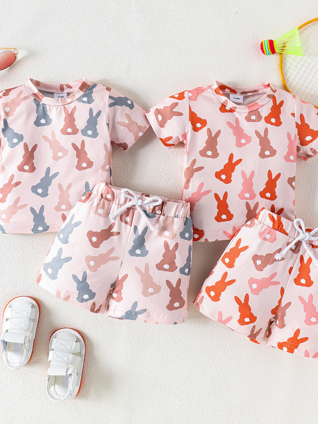 Children's Bunny Print Short Sleeve Top and Shorts Set