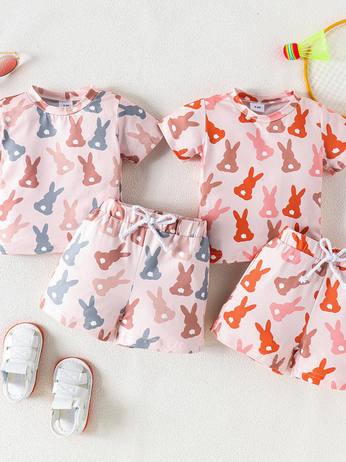 Children's Bunny Print Short Sleeve Top and Shorts Set