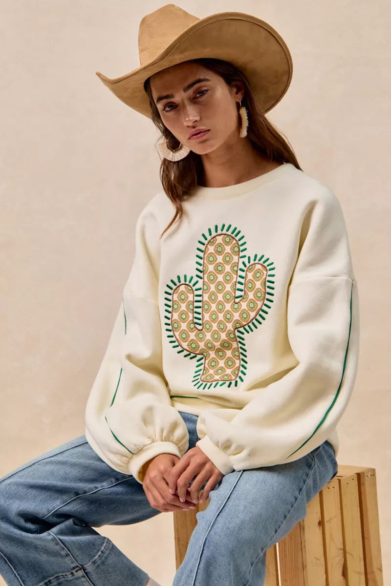 BiBi Womens Sweatshirt Cactus Embroidered Cream Fleece Pullover 4fd3fb00066f4ebd986f422be0951a39-Max-Origin Trendsi