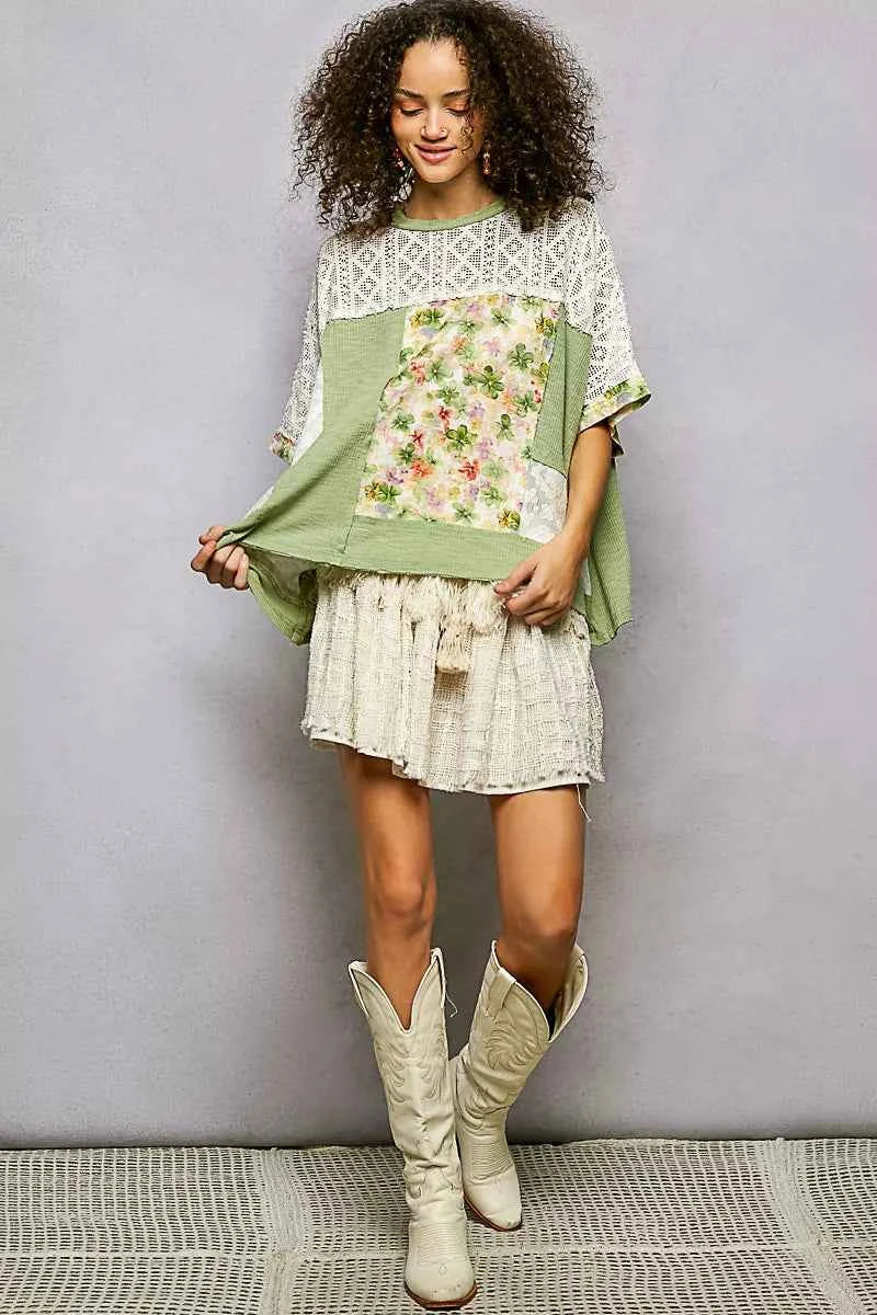 POL Floral Blouse Sage Patchwork Lace Accent Short Sleeve Top 4fd7254d-9823-4ecf-b0ab-5f3584e49127-Max-Origin Trendsi