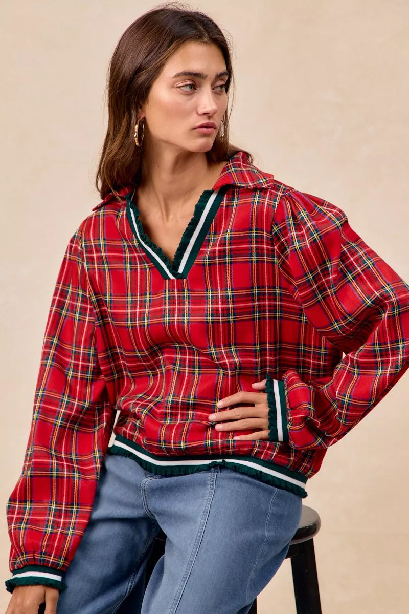 BiBi Christmas Womens Blouse Red Plaid Collared Top with Ruffled Detail 4fd7738ab0854a25a858cd4dd12877b3-Max-Origin Trendsi