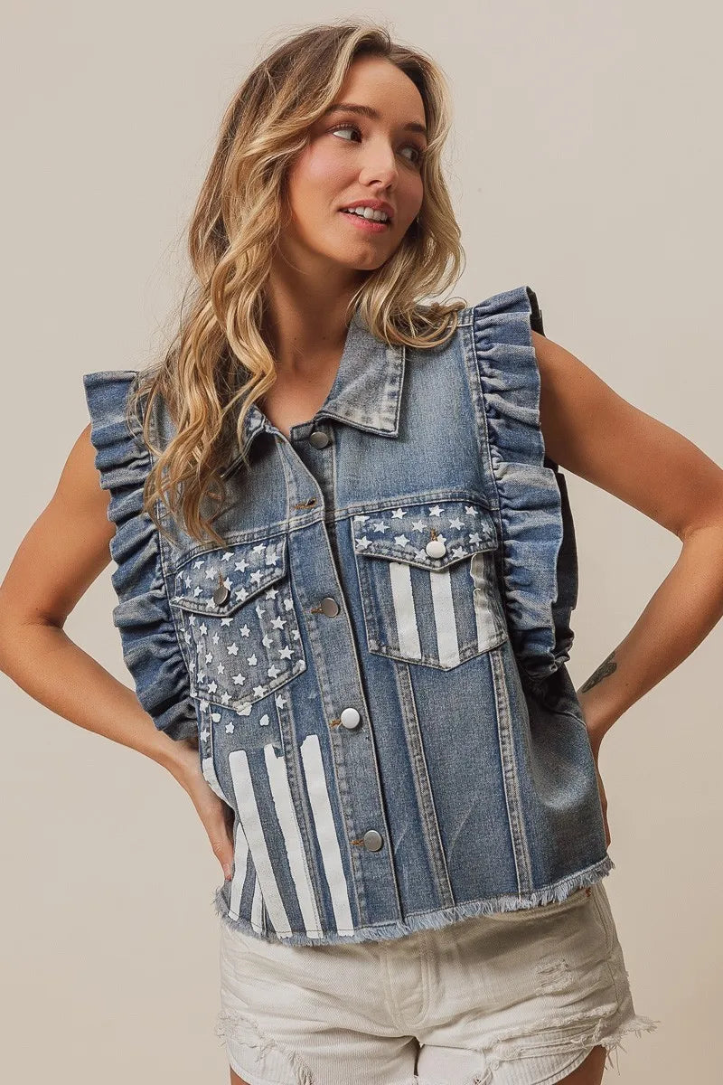 BiBi Denim Jacket American Flag Pockets Washed Ruffled Sleeves 4fdac255-613f-47ae-a114-234fff713dbd-Max Trendsi