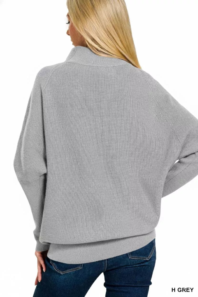 Zenana Womens Sweater Gray Viscose Dolman Sleeve Mock Neck Oversized 4fdd666b-a769-4179-9310-28a455afc866-Max-Origin Trendsi