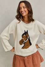 SO ME Horse Sweater Top Ivory Knit with Blanket Stitch Long Sleeve 4ff608cdc7dd45eaab478bd0cea75daa-Max-Origin Trendsi