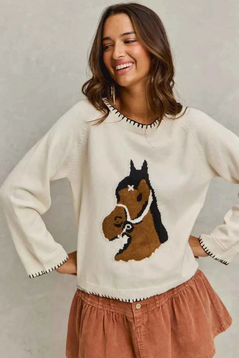 SO ME Horse Sweater Top Ivory Knit with Blanket Stitch Long Sleeve 4ff608cdc7dd45eaab478bd0cea75daa-Max-Origin Trendsi