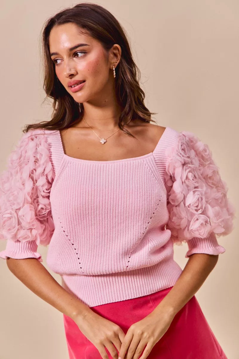 SO ME Rosette Sleeves Blouse Square Neck Sweater Knit Top Light Pink 5000d873-fa0a-466d-a242-fc1df9cbe30f-Max-Origin Trendsi