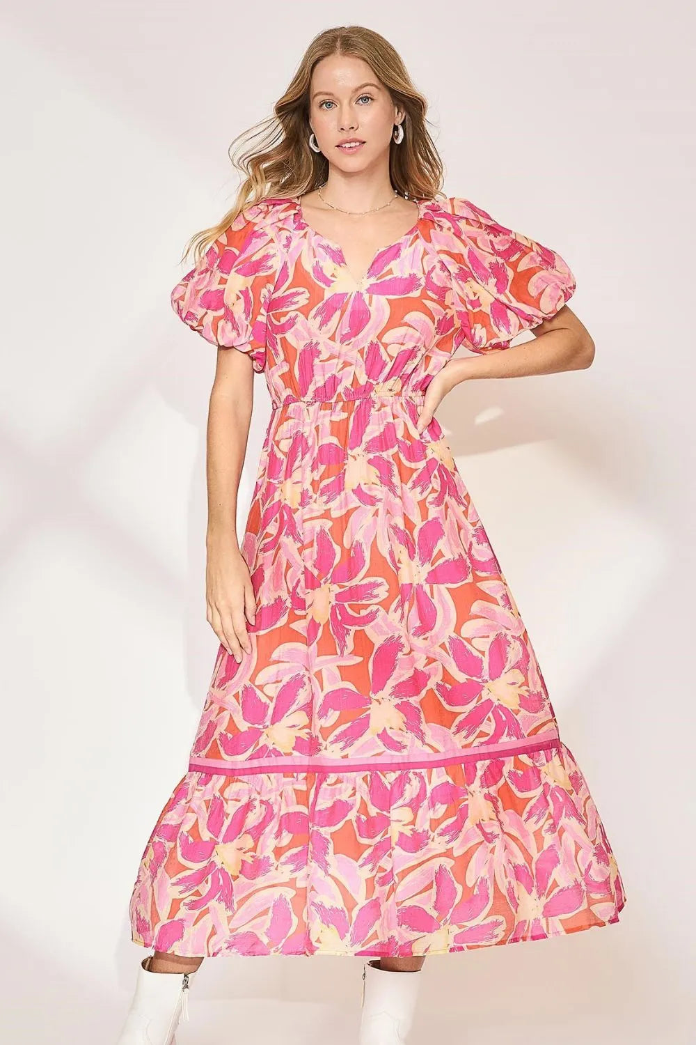 Umgee Midi Dress Fuchsia Pink Floral Notched Puff Short Sleeve Fuchsia Pink 5001241f-0531-4f1f-9609-07392624fdf9-Max-Origin Trendsi