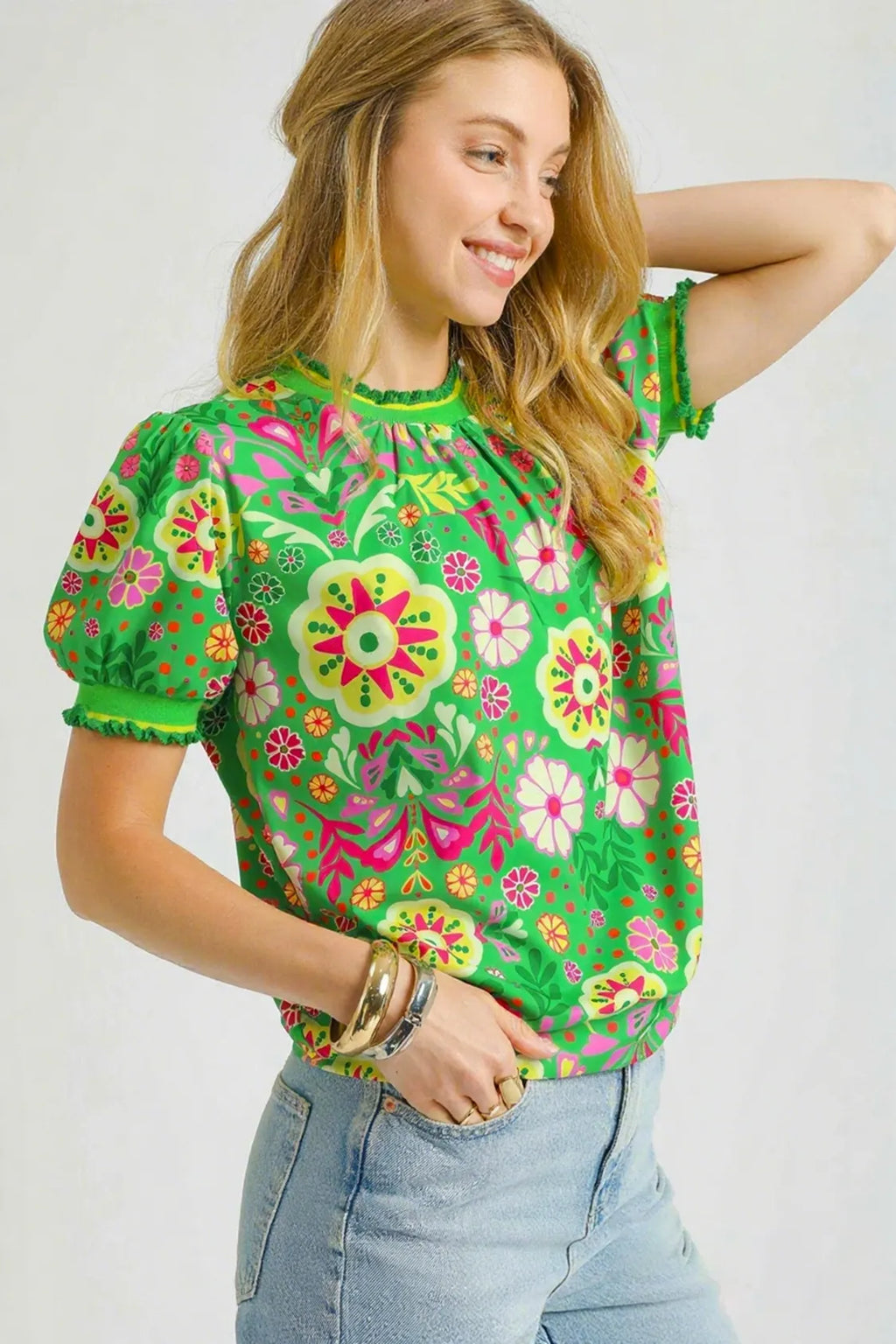 Umgee Blouse Green Mix Floral Retro Puff Short Sleeve Top 500d8ceb-967a-4b95-8fea-5959da90f4b6-Max-Origin Trendsi