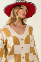 BiBi Cardigan Knit Ivory Camel Checked V-neck Long Sleeve Sweater 500ffb5dabde45589faa57e5711e15bc-Max-Origin Trendsi