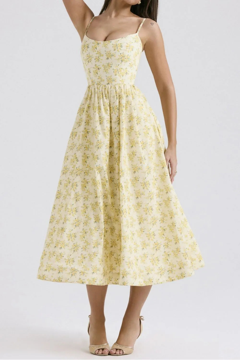 Floral Midi Dress Spaghetti Strap Ruched Zipper High Waisted 5016835a-f611-46c4-bea0-d6a97c01b032-Max-Origin Trendsi