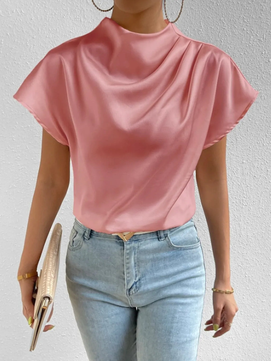 Satin Blouse Mock Neck Pleated Short Sleeve Basic Style Top 5019936d-a114-4a49-a467-daf8e41d8eb1-Max-Origin Trendsi