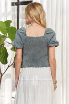 ADORA Ruffle Blouse Denim Washed Layered Short Puff Sleeve Top 501a10e7d1684d5ba0aec79f117c7bd6-Max-Origin Trendsi