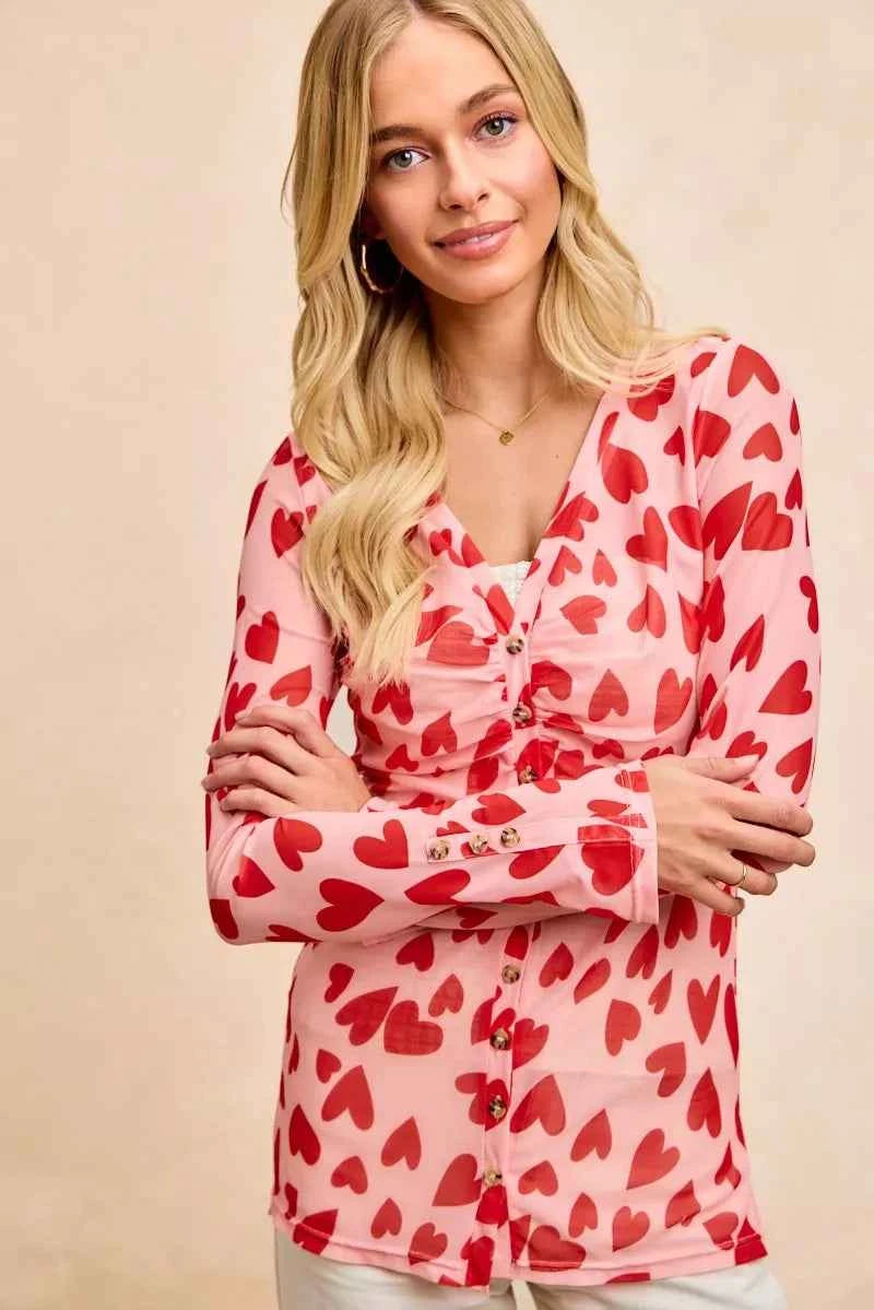 BiBi Button Down Heart Printed Mesh Shirt with Ruched Front