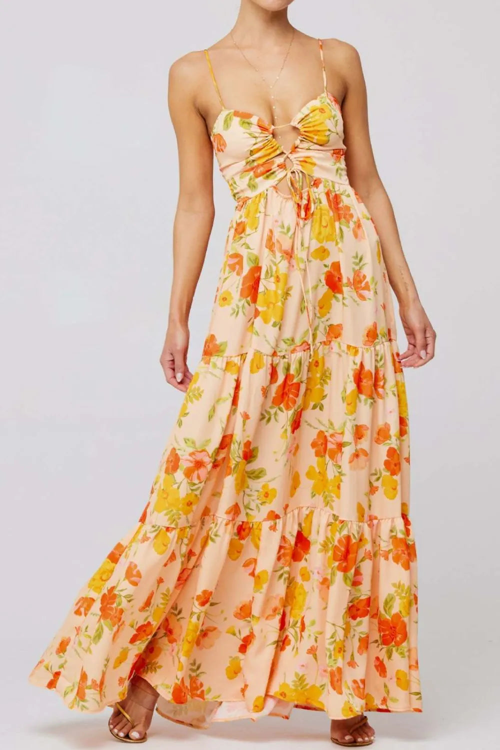 Maxi Dress Floral Print Tie Front Cutout Tiered Ruffle Party Dresses Sherbet 501f9257-5fee-416a-8635-3d58e4221612-Max-Origin Trendsi