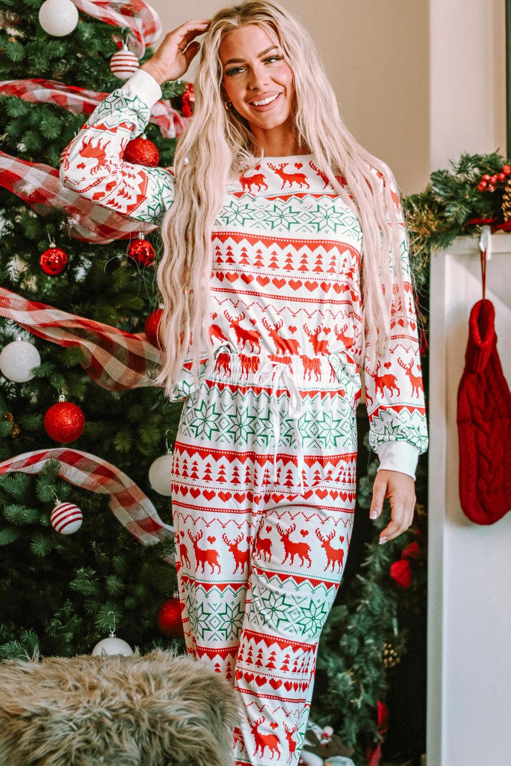 Christmas Lounge Set Element Round Neck Top and Pants White 502f4c4b75c14ebfb3ad3f20281f3dfc-Max Trendsi