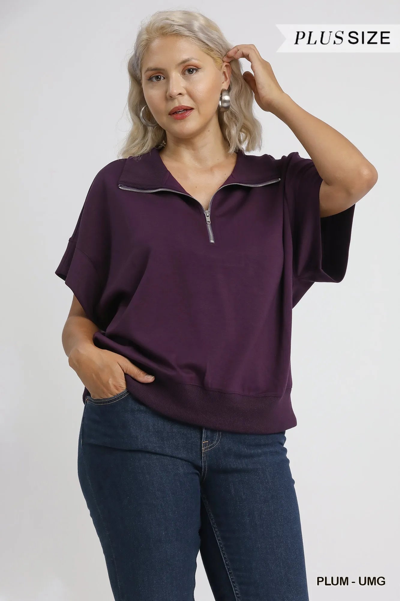 Umgee Blouse Half-Zip Short Sleeve Plum Purple Top S-2XL 50425e57-cd59-47e3-bfec-fc78908564ad-Max-Origin Trendsi