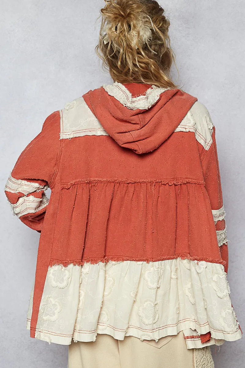 POL Hooded Jacket Orange-Red Color Block Oversized Raw Hem Ruffled