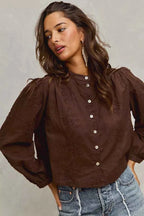 SO ME Women Shirt 3d Floral Brown Woven Cotton Long Sleeve Front Button Top 5046884a01ed4827b7324a9975ed5df2-Max-Origin Trendsi