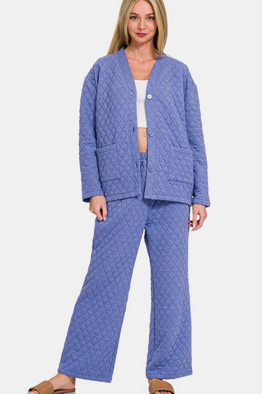 Zenana Quilted Lounge Set Blue Purple Long Sleeve Top Shirt and Pants Set