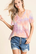 BiBi Tie Dye Cotton T-shirt French Terry V Neck Top Short Sleeve LAVENDER MULTI 504d636ce60a482c9d2db14eacab4e6f-Max-Origin Trendsi