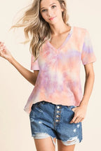BiBi Tie Dye Cotton T-shirt French Terry V Neck Top Short Sleeve LAVENDER MULTI 504d636ce60a482c9d2db14eacab4e6f-Max-Origin Trendsi