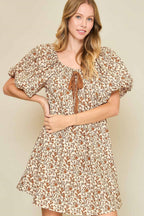 Umgee Mini Dress Caramel Floral Lace Tape Drawstring Puff Short Sleeve 5053e906-9c61-4e93-8e42-bd16f50c9aaa-Max Trendsi