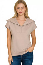 Zenana Womens Blouse Ash Mocha Scuba Half Zip Top Short Sleeve ASH MOCHA 5054c5da-1f97-4047-bfaf-b555b5a3949a-Max-Origin Trendsi