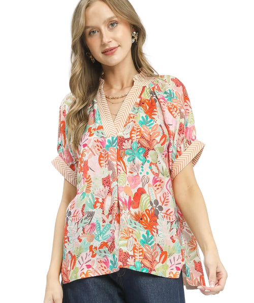 Umgee Mix Boho Printed V-Neck Top Women’s Boho Blouse Casual S-L