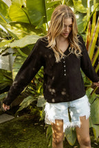 BiBi Sweater Top Black V Neck Knit With Button Details Long Sleeve Blouse 505a93802f334ff98668b86f71391979-Max-Origin Trendsi