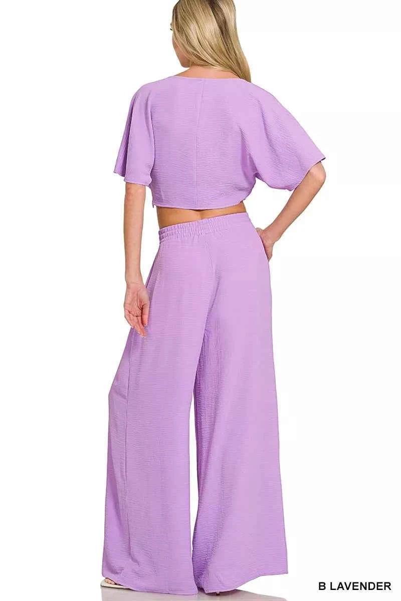 Zenana Woven Airflow Twisted Top & Wide Leg Pants Set