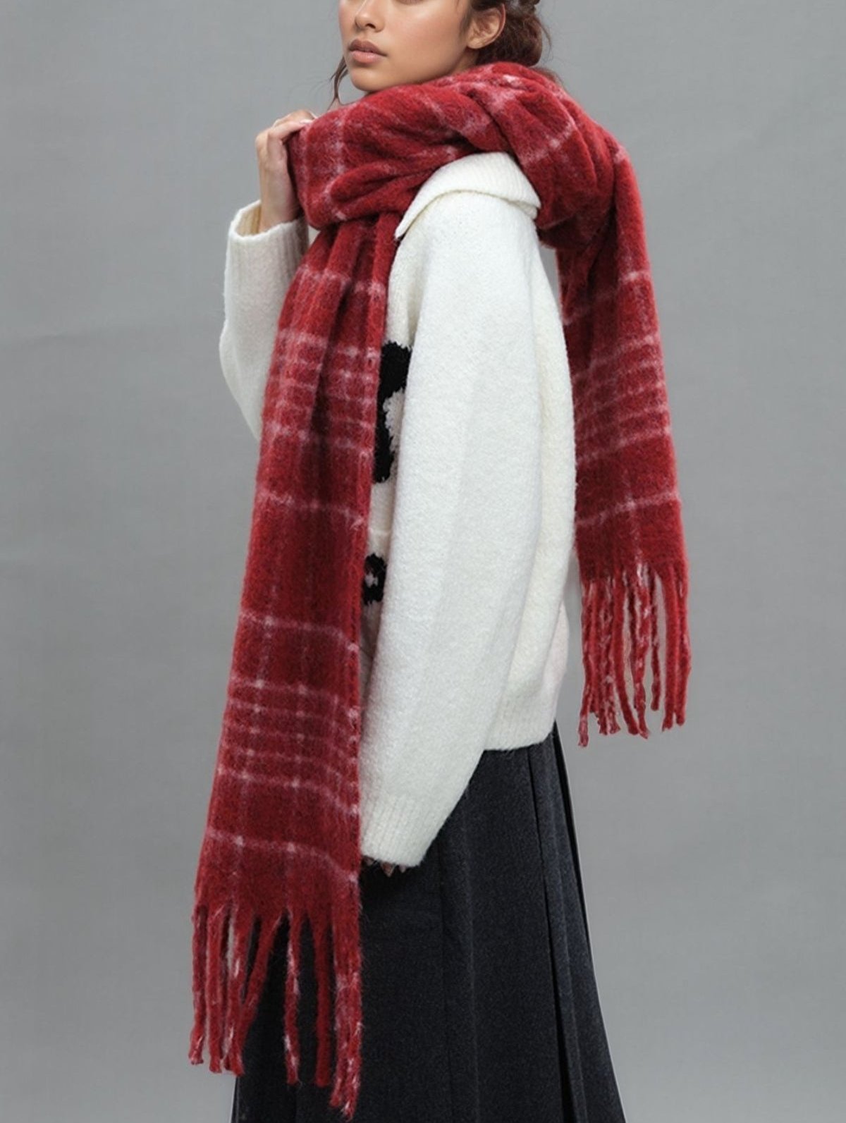 Women Fur Scarf Plaid Fringe Thermal Warm Long Scarves Accessories