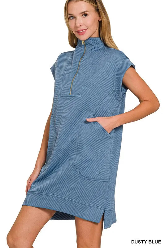 Zenana Mini Dress Textured Knit Jacquard Dusty Blue Quarter Zipper Oversized 506624ec63b04293951f63eebc1f7940-Max-Origin Trendsi