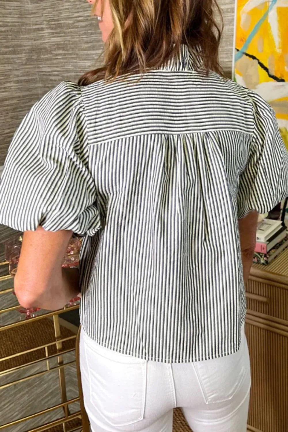 Women's Shirt Striped Ruffle Short Bubble Sleeve Mock Neck 50697b5e-5828-4982-8dd4-7232a57ae1d6-Max-Origin Trendsi