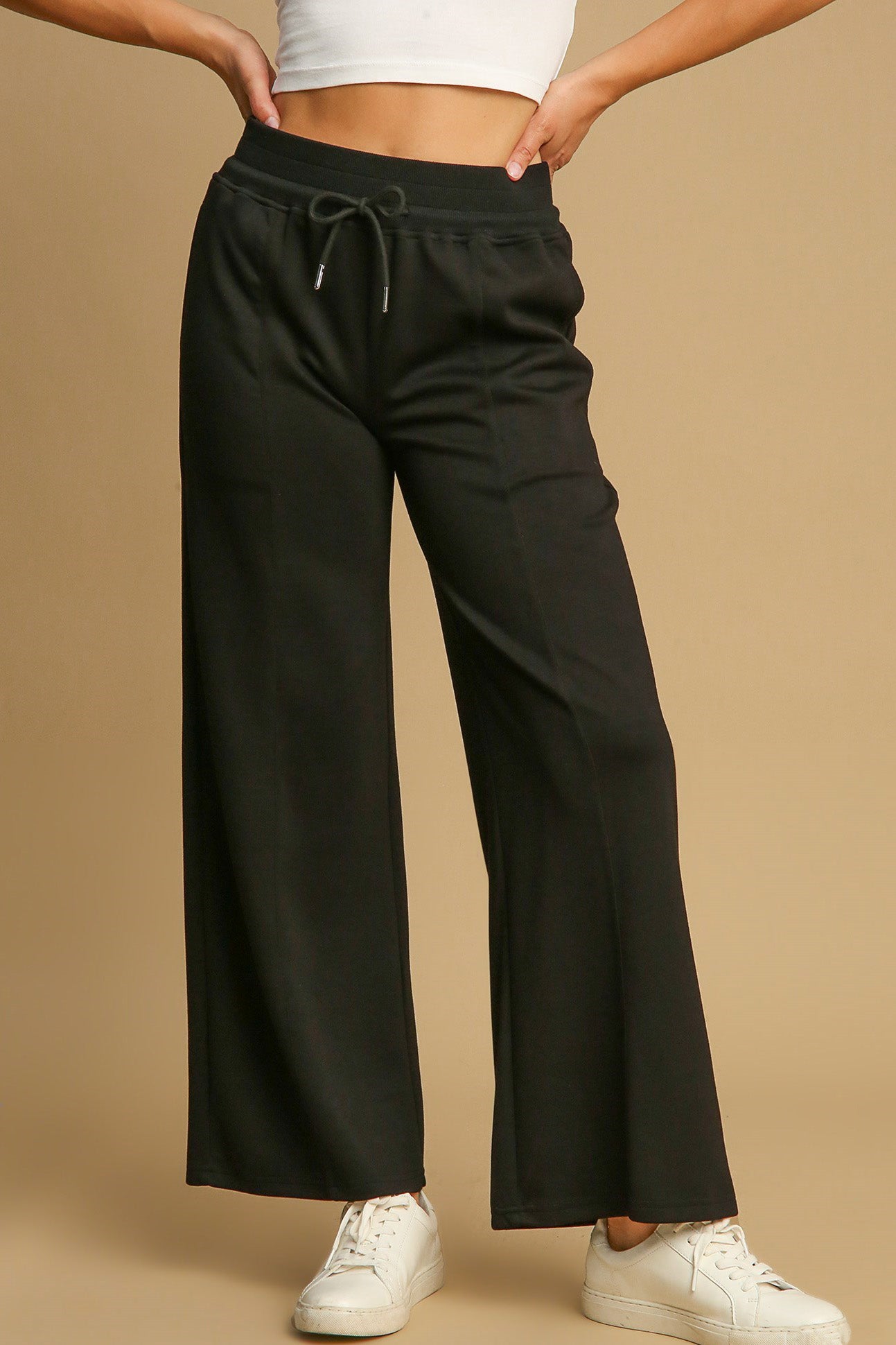 Umgee Black Women Wide Leg Women Pants Drawstring Waist with Pockets