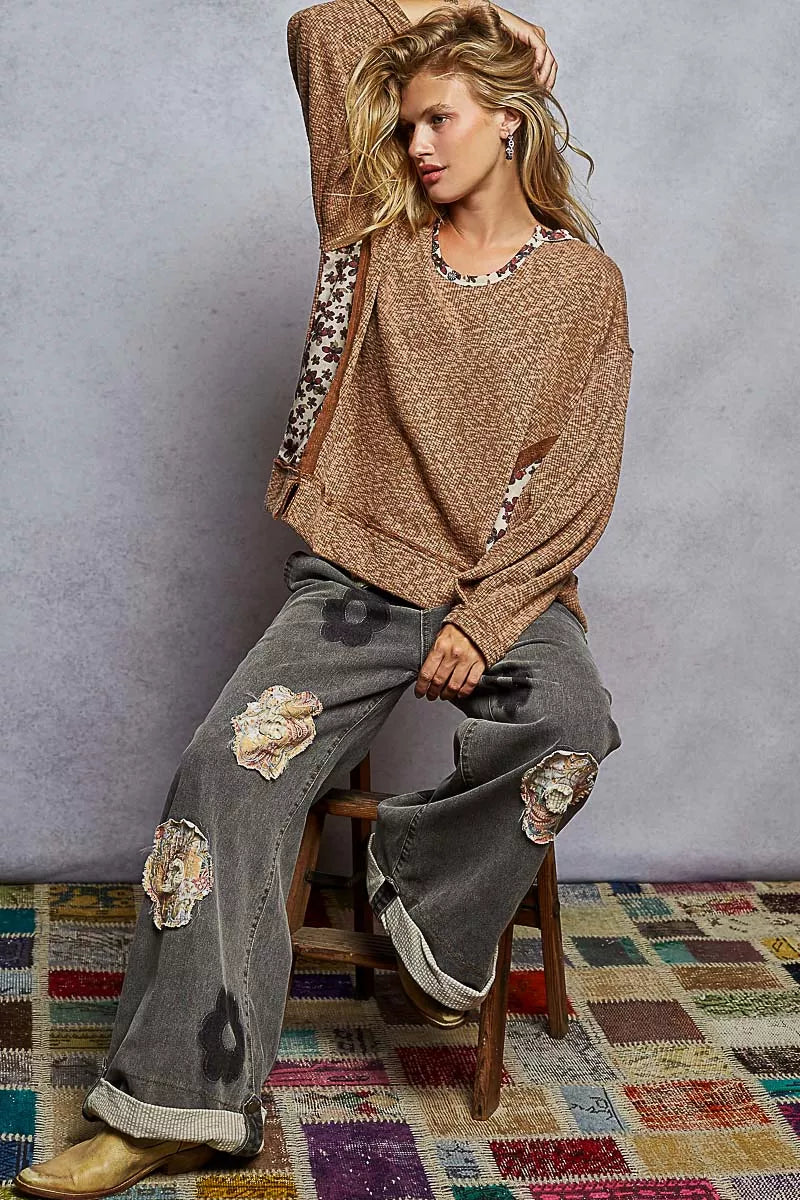 POL Oversized Ribbed Top Chocolate Balloon Sleeve with Floral Pattern Contrast 508b2f2e-ec0a-466e-b634-514721dbc243-Max-Origin Trendsi