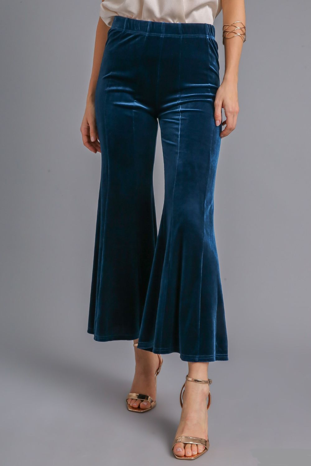 Umgee Flare Pants Velvet Peacock Blue High Rise Elastic Waist Cropped