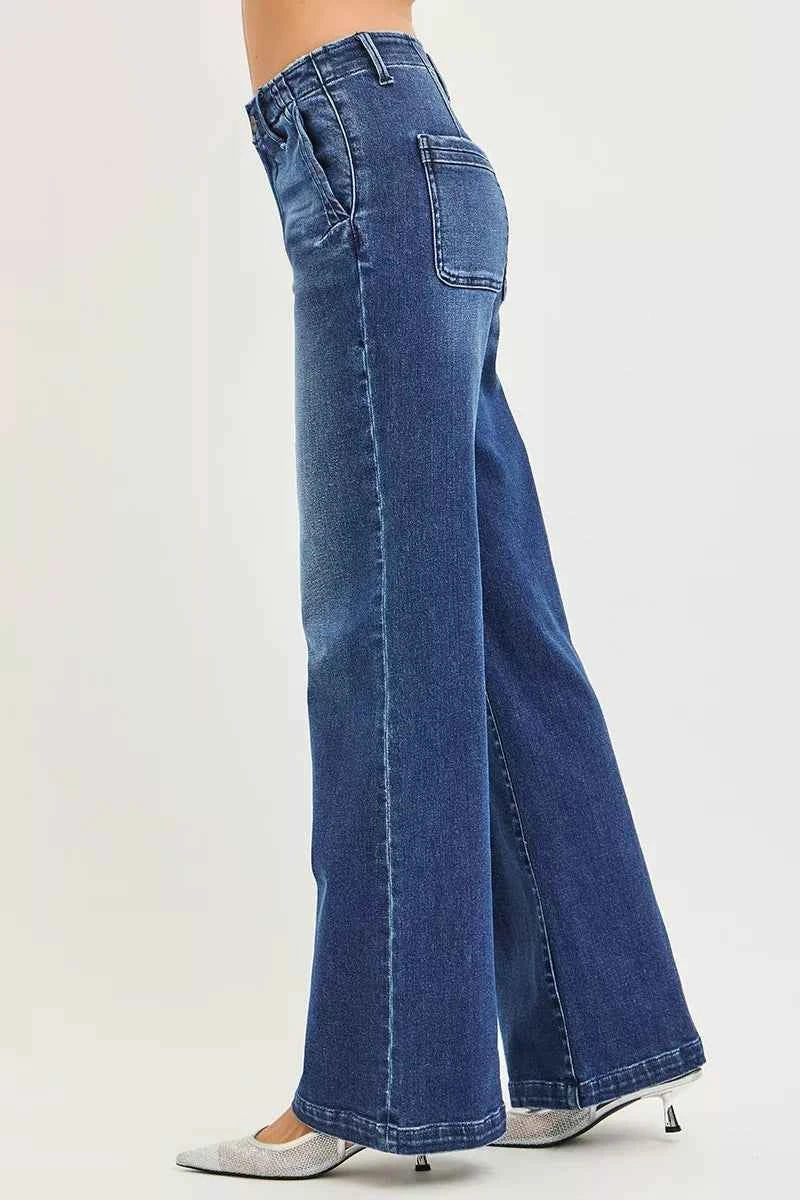 RISEN Wide Leg Jeans High Rise Slanted Pocket Dark Wash Denim Pants 50a56b1485484453a5f7624015ab8869-Max-Origin Trendsi