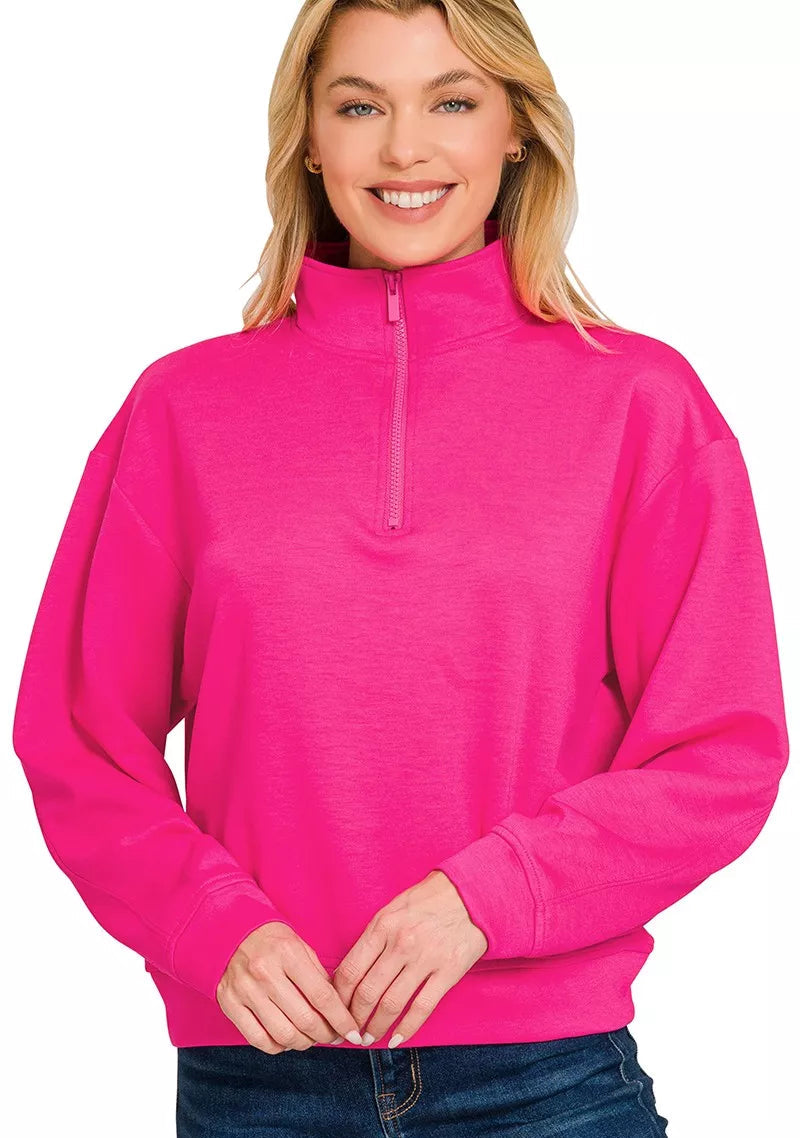 Zenana Scuba Half Zip Pullover Sweatshirt HOT PINK 50a7955b47c64cba8ceaf2288de1684a-Max-Origin Trendsi