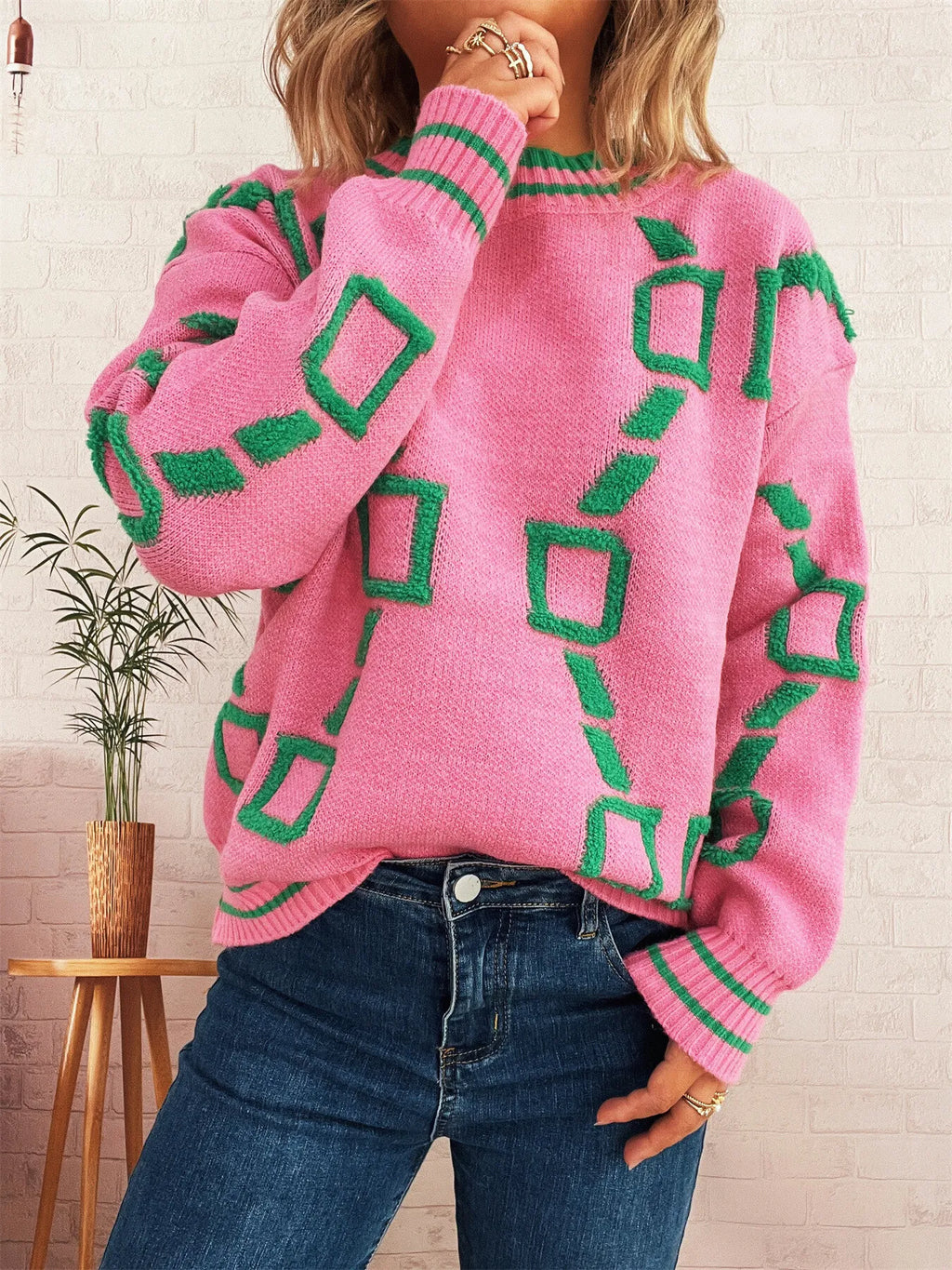 Women's Sweater Contrast Round Neck Long Sleeve Oversized Ribbed Pink One Size 50ad57f207974be38b037af4109429e2-Max-Origin Trendsi